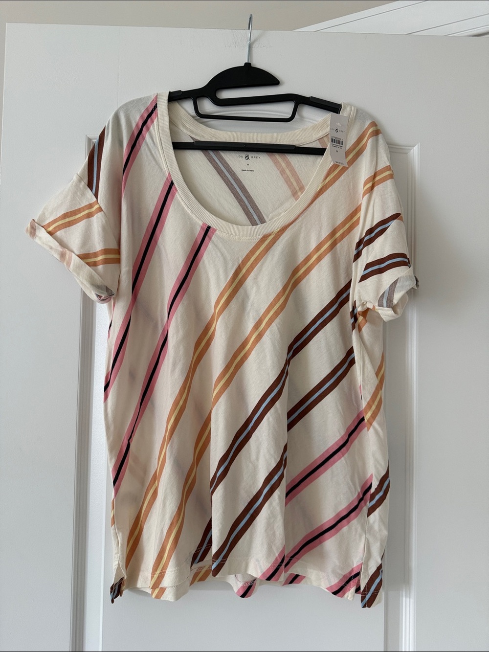 LOFT Cream Short Sleeve Scoop Tee with Pink, Tan and Brown Diagonal Stripes